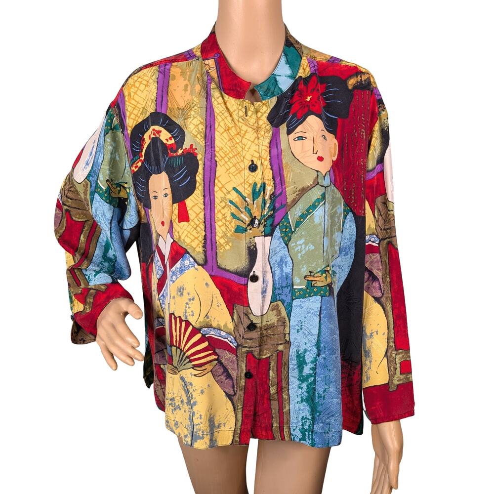 Vintage Chicos 90s Silk Jacquard Asian Art Mandarin Collar Button Up Blouse 3/L